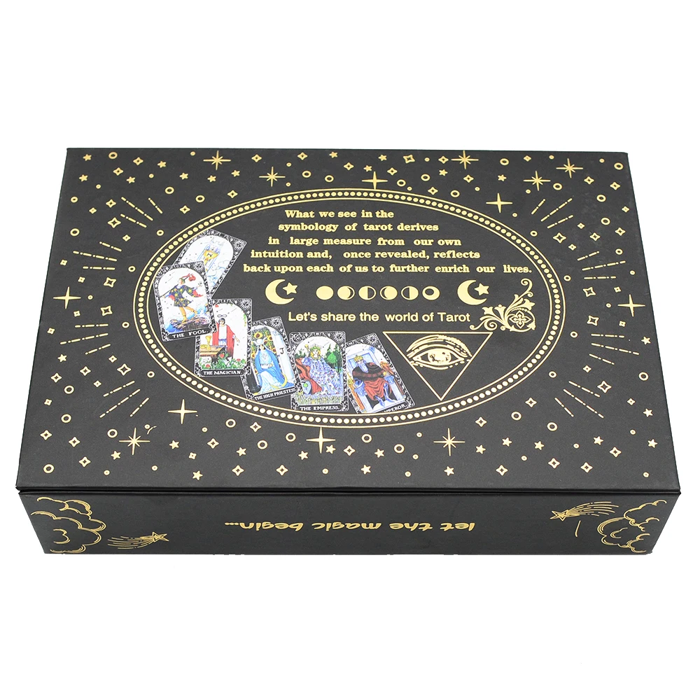 Deluxe Feather Black Gold Sun Gift Box Set Gold Foil Tarot 12 * 7cm Stamping PVC Waterproof Wear Resistant Board Game Card