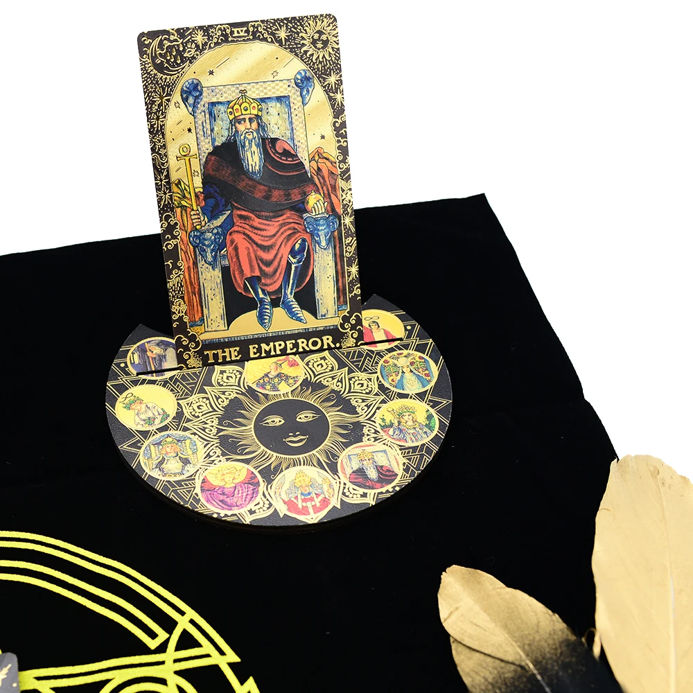 Deluxe Feather Black Gold Sun Gift Box Set Gold Foil Tarot 12 * 7cm Stamping PVC Waterproof Wear Resistant Board Game Card