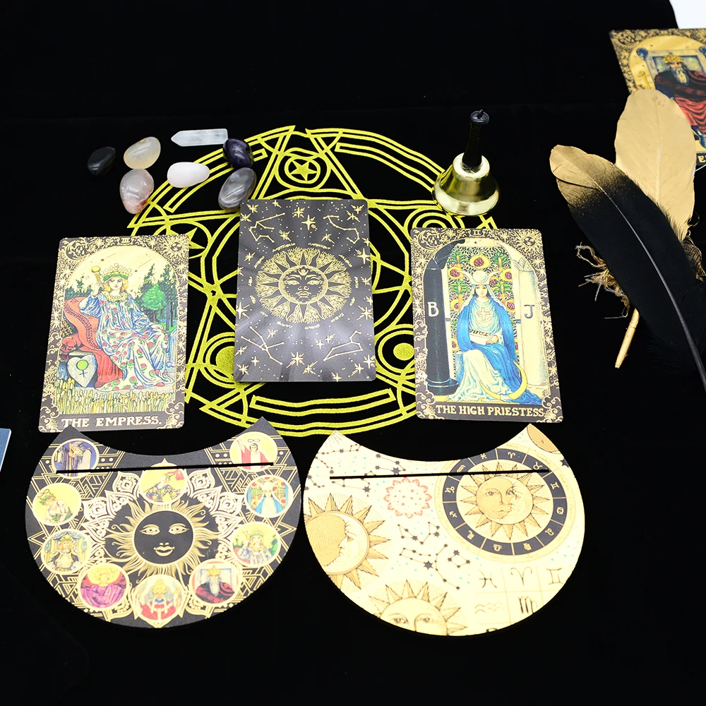 Deluxe Feather Black Gold Sun Gift Box Set Gold Foil Tarot 12 * 7cm Stamping PVC Waterproof Wear Resistant Board Game Card