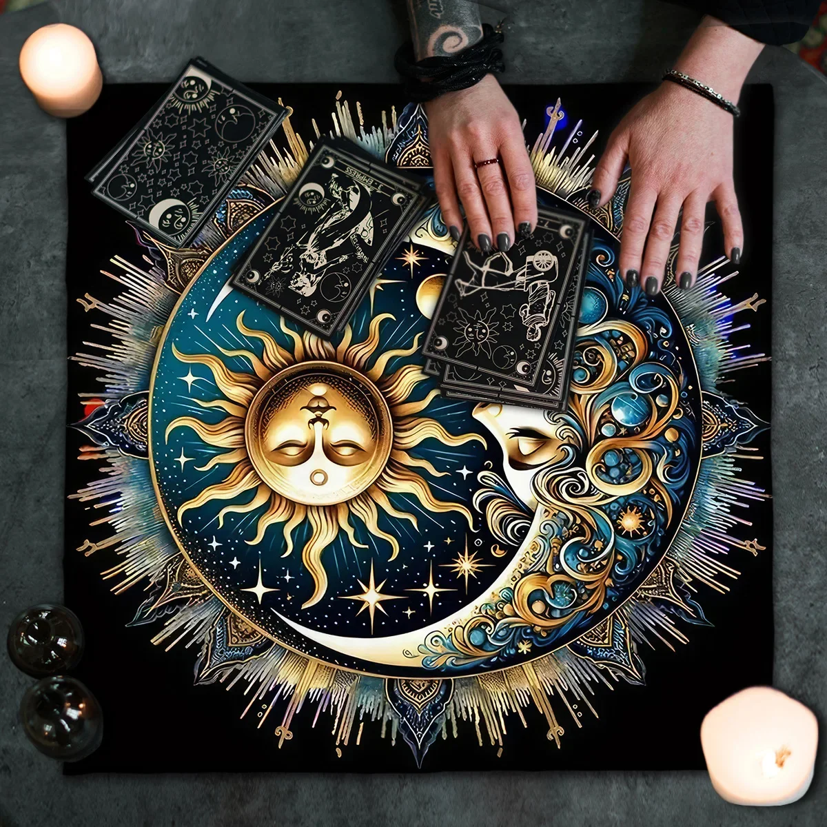 Aurora Borealis Sun Moon Tarot Card Tablecloth Pagan Altar Cloth with Flowers Witchcraft Astrology Mat for Home Decor Room