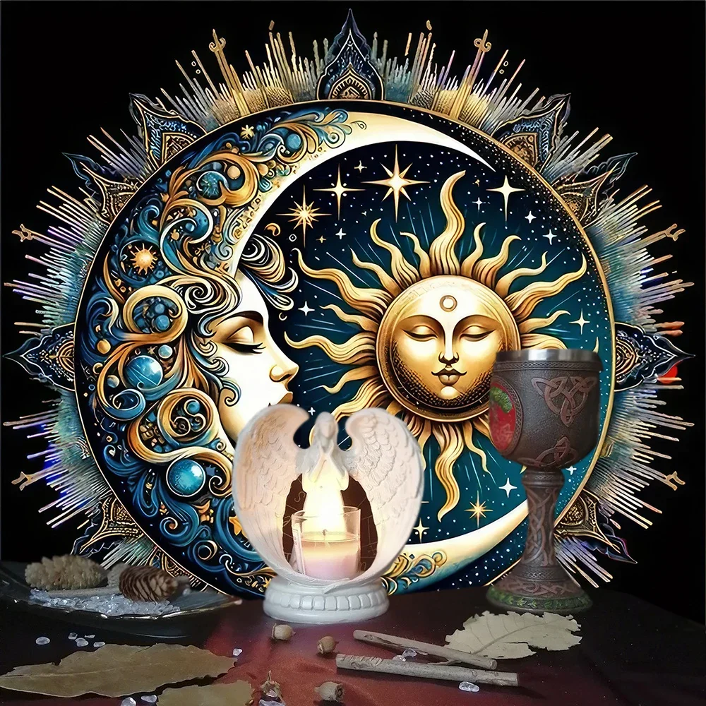 Aurora Borealis Sun Moon Tarot Card Tablecloth Pagan Altar Cloth with Flowers Witchcraft Astrology Mat for Home Decor Room