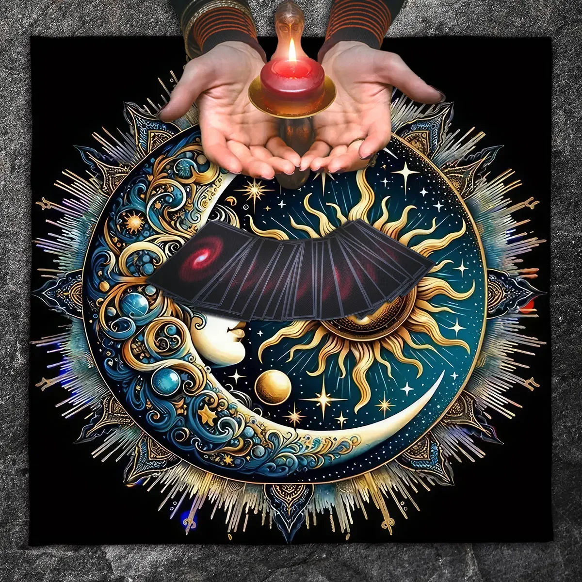 Aurora Borealis Sun Moon Tarot Card Tablecloth Pagan Altar Cloth with Flowers Witchcraft Astrology Mat for Home Decor Room