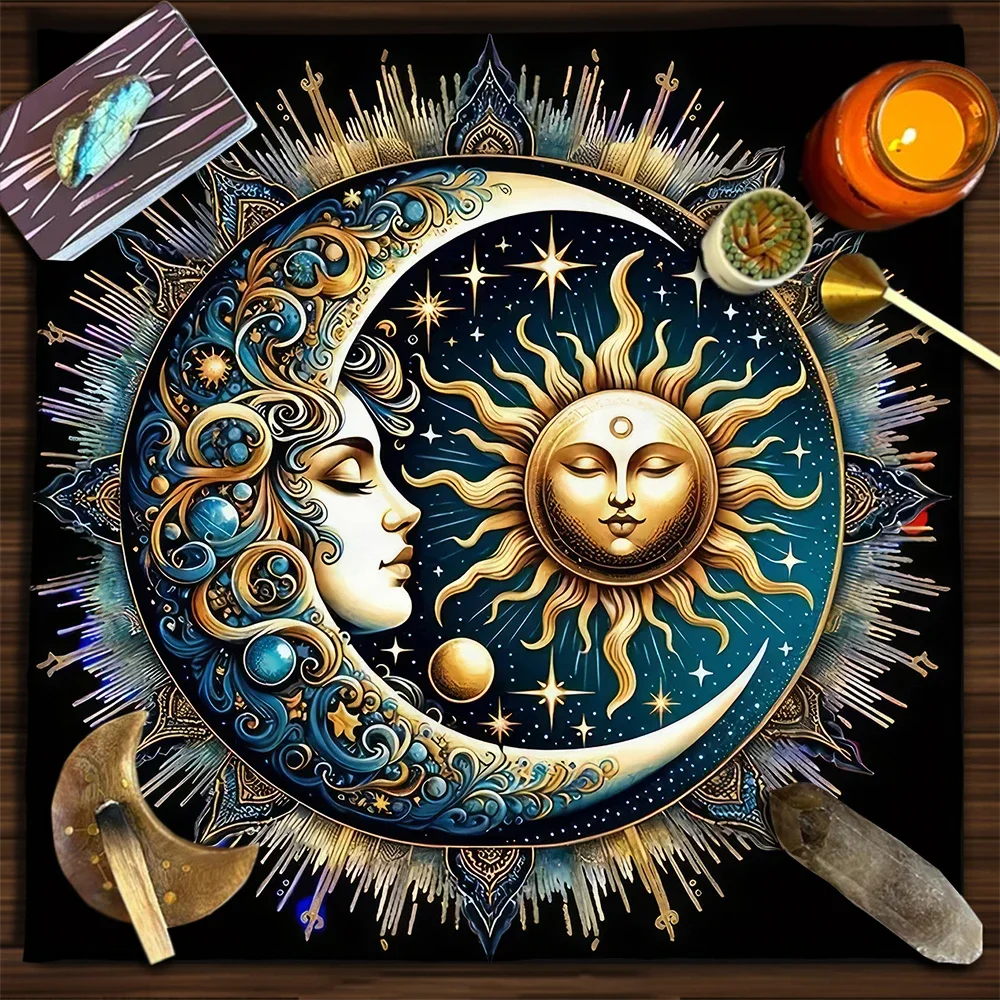 Aurora Borealis Sun Moon Tarot Card Tablecloth Pagan Altar Cloth with Flowers Witchcraft Astrology Mat for Home Decor Room