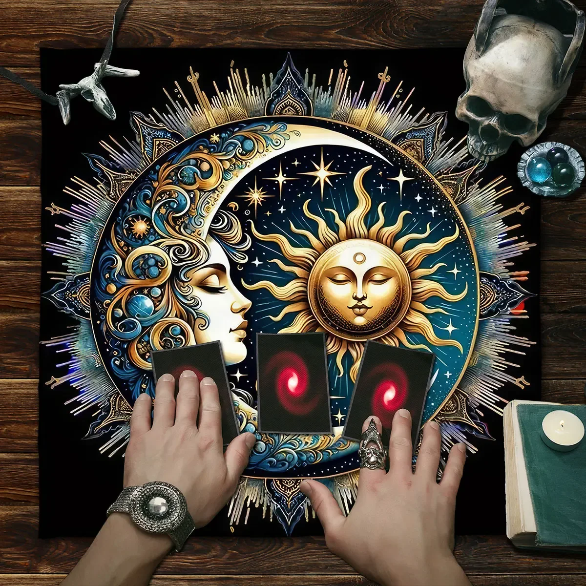 Aurora Borealis Sun Moon Tarot Card Tablecloth Pagan Altar Cloth with Flowers Witchcraft Astrology Mat for Home Decor Room