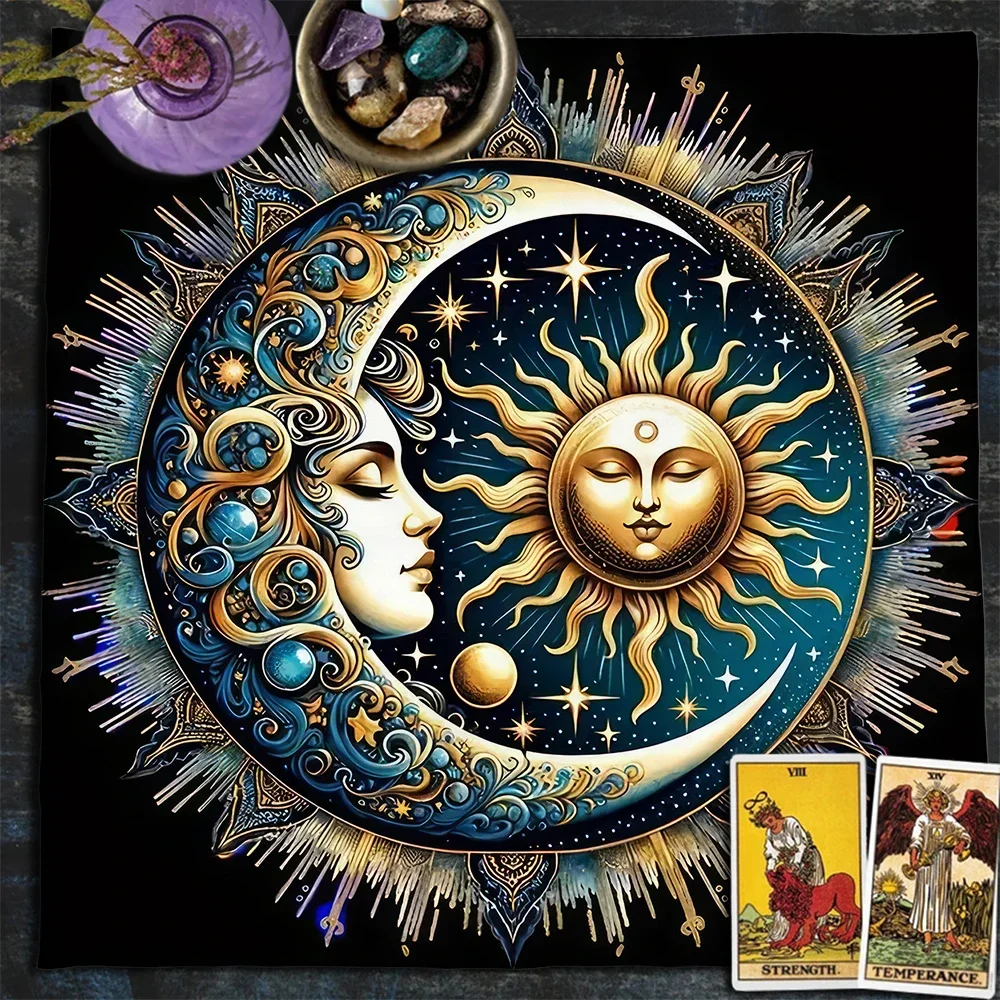 Aurora Borealis Sun Moon Tarot Card Tablecloth Pagan Altar Cloth with Flowers Witchcraft Astrology Mat for Home Decor Room