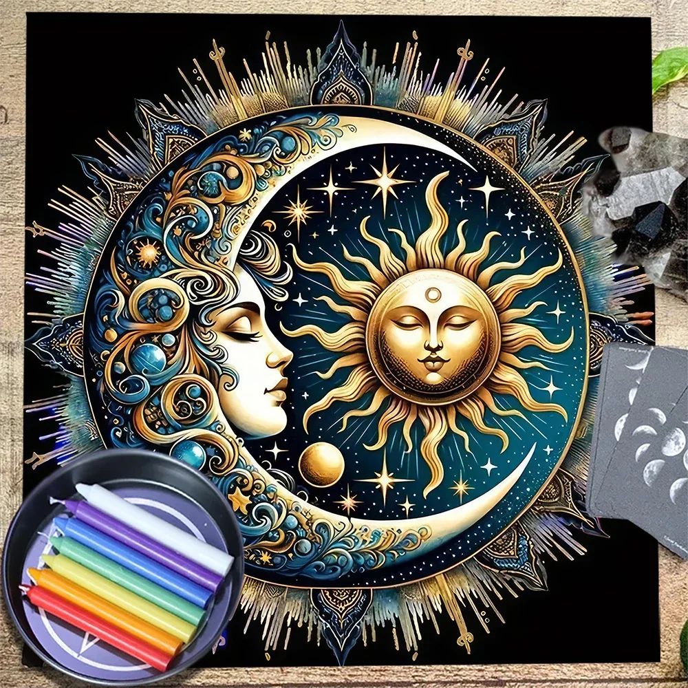 Aurora Borealis Sun Moon Tarot Card Tablecloth Pagan Altar Cloth with Flowers Witchcraft Astrology Mat for Home Decor Room