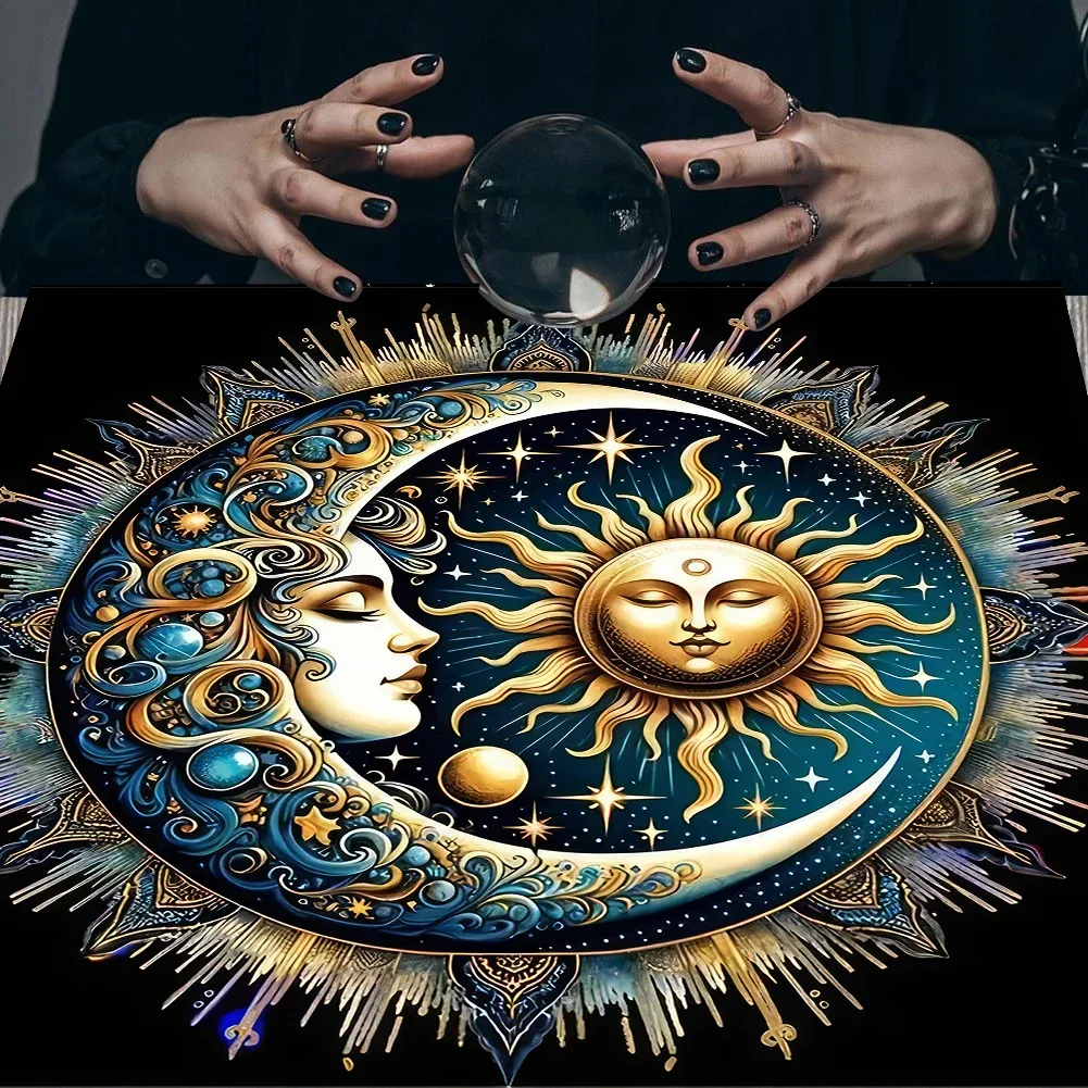 Aurora Borealis Sun Moon Tarot Card Tablecloth Pagan Altar Cloth with Flowers Witchcraft Astrology Mat for Home Decor Room