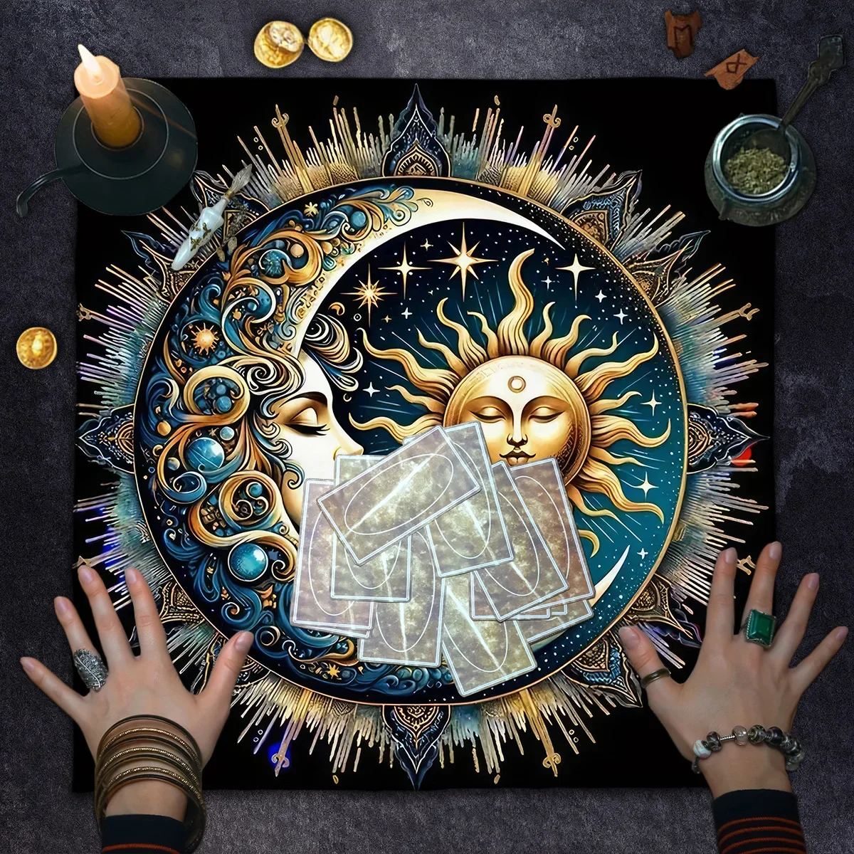 Aurora Borealis Sun Moon Tarot Card Tablecloth Pagan Altar Cloth with Flowers Witchcraft Astrology Mat for Home Decor Room
