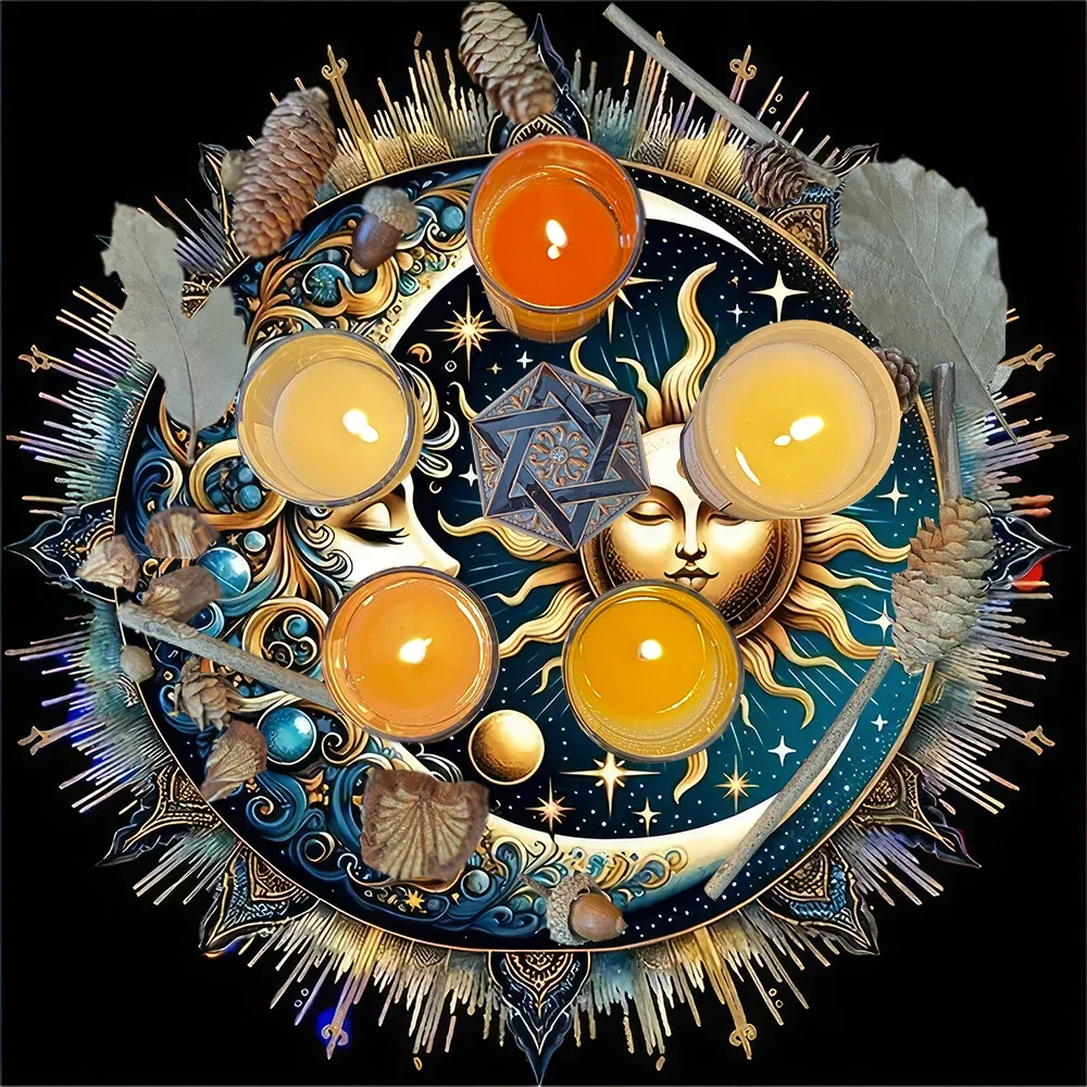 Aurora Borealis Sun Moon Tarot Card Tablecloth Pagan Altar Cloth with Flowers Witchcraft Astrology Mat for Home Decor Room