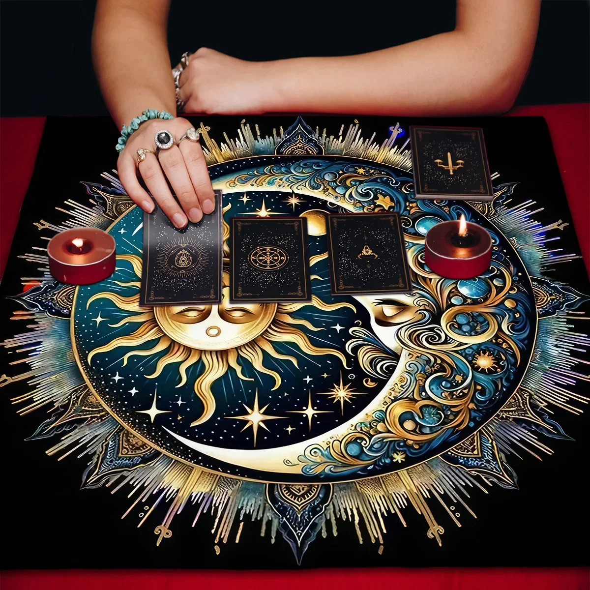 Aurora Borealis Sun Moon Tarot Card Tablecloth Pagan Altar Cloth with Flowers Witchcraft Astrology Mat for Home Decor Room