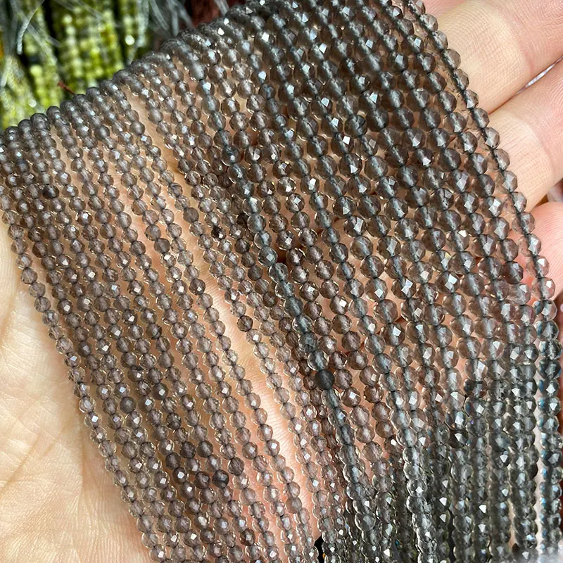 Fine 100% Natural Stone Beads Faceted Smoky Quartz Loose Round Gemstone For Jewelry Making DIY Bracelet Necklace Charm 2-4mm