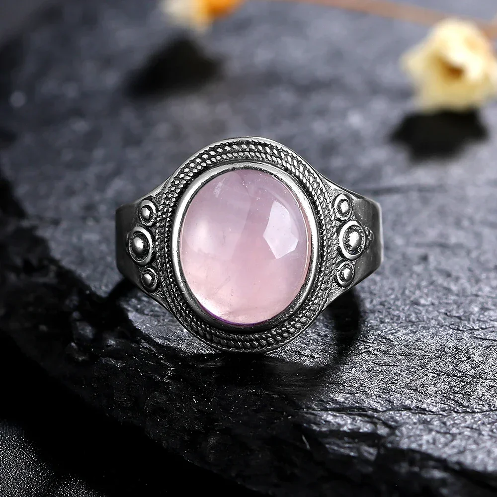 S925 Sterling SilverRing for Women Oval Round Natural Rose Quartz Ring Gift Sun Shaped Retro Luxury Fashion Fine Jewelry