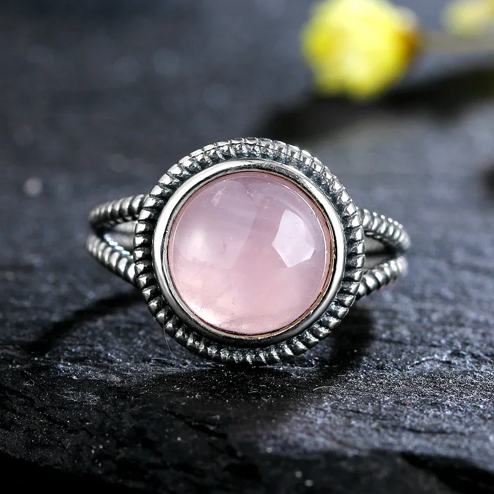 S925 Sterling SilverRing for Women Oval Round Natural Rose Quartz Ring Gift Sun Shaped Retro Luxury Fashion Fine Jewelry