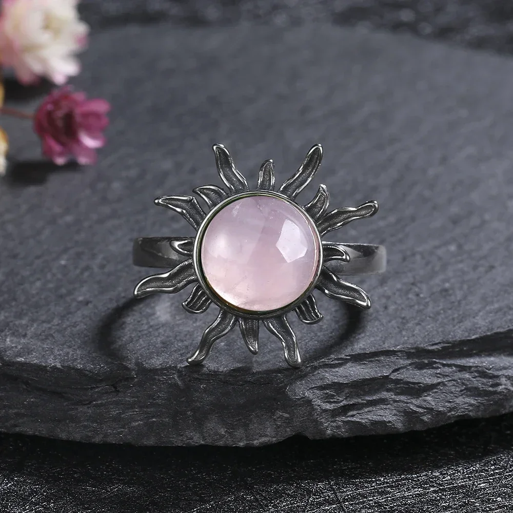 S925 Sterling SilverRing for Women Oval Round Natural Rose Quartz Ring Gift Sun Shaped Retro Luxury Fashion Fine Jewelry