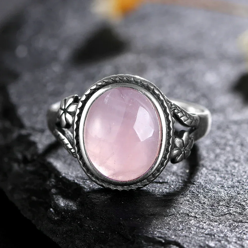 S925 Sterling SilverRing for Women Oval Round Natural Rose Quartz Ring Gift Sun Shaped Retro Luxury Fashion Fine Jewelry