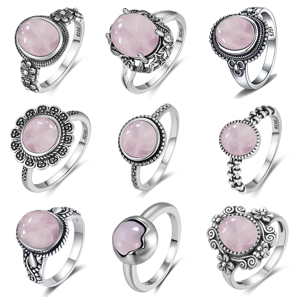 S925 Sterling SilverRing for Women Oval Round Natural Rose Quartz Ring Gift Sun Shaped Retro Luxury Fashion Fine Jewelry