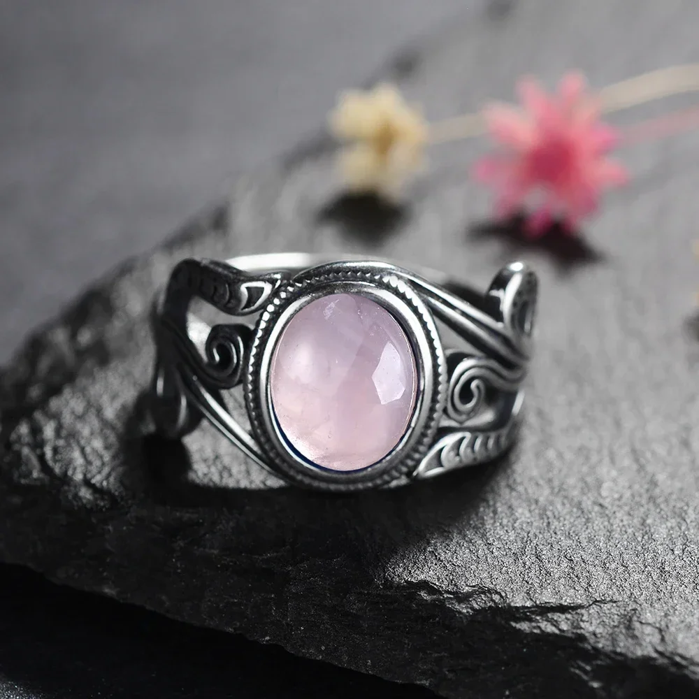 S925 Sterling SilverRing for Women Oval Round Natural Rose Quartz Ring Gift Sun Shaped Retro Luxury Fashion Fine Jewelry