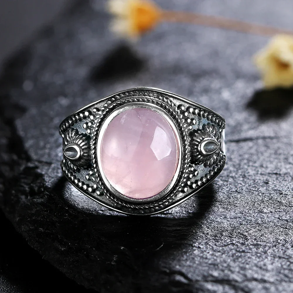 S925 Sterling SilverRing for Women Oval Round Natural Rose Quartz Ring Gift Sun Shaped Retro Luxury Fashion Fine Jewelry
