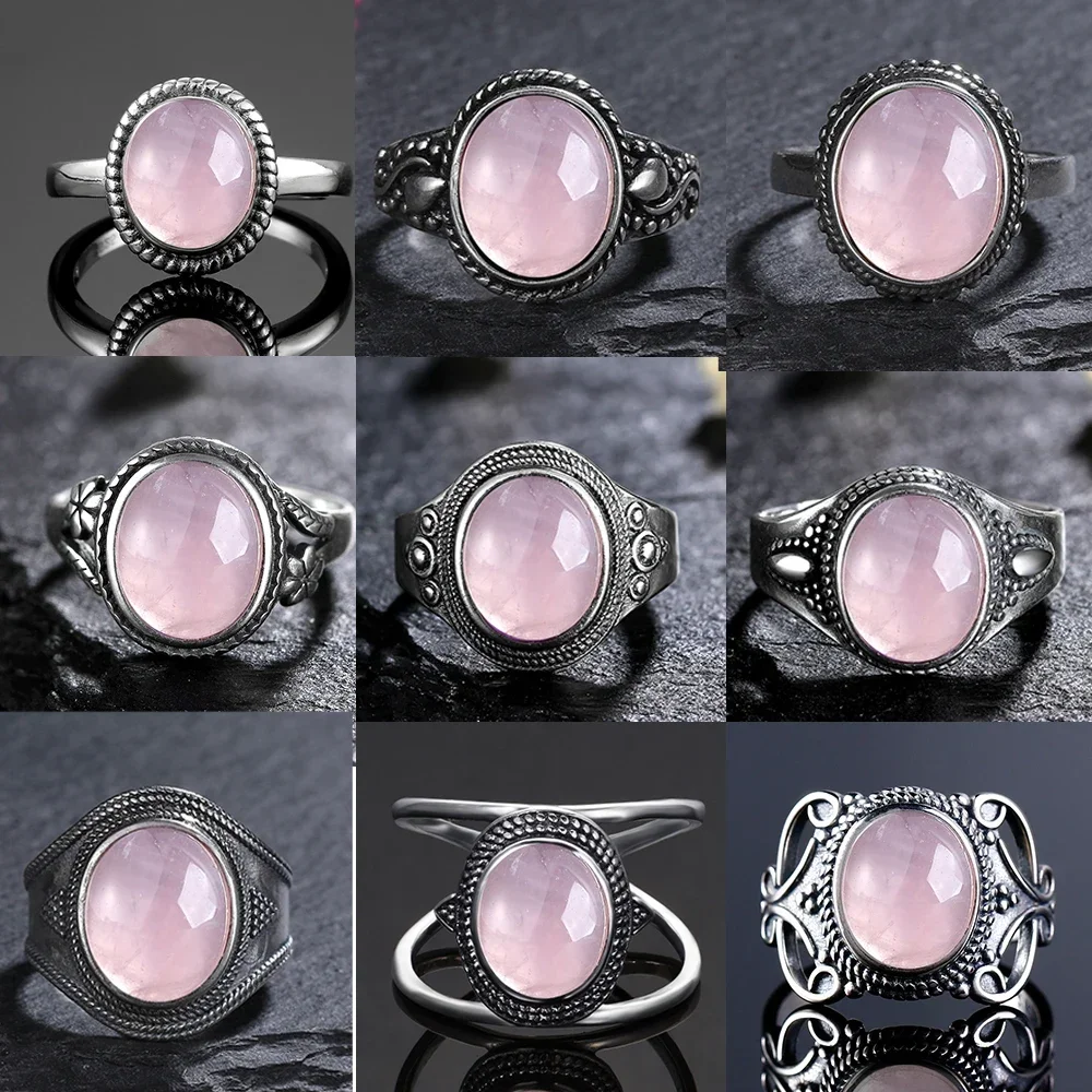 S925 Sterling SilverRing for Women Oval Round Natural Rose Quartz Ring Gift Sun Shaped Retro Luxury Fashion Fine Jewelry