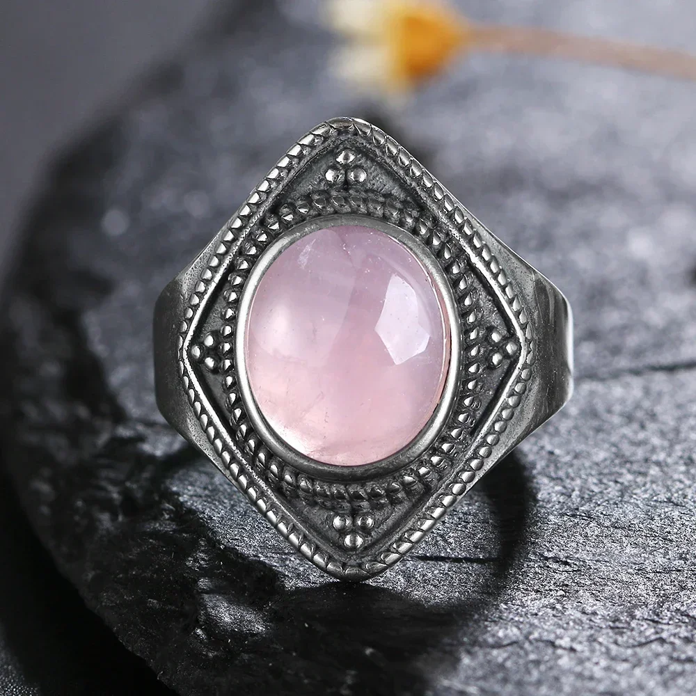 S925 Sterling SilverRing for Women Oval Round Natural Rose Quartz Ring Gift Sun Shaped Retro Luxury Fashion Fine Jewelry