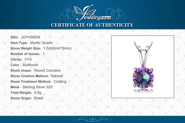 JewelryPalace Natural Rainbow Mystic Quartz 925 Sterling Silver Pendant Necklace for Women Statement Gemstones Choker No Chain