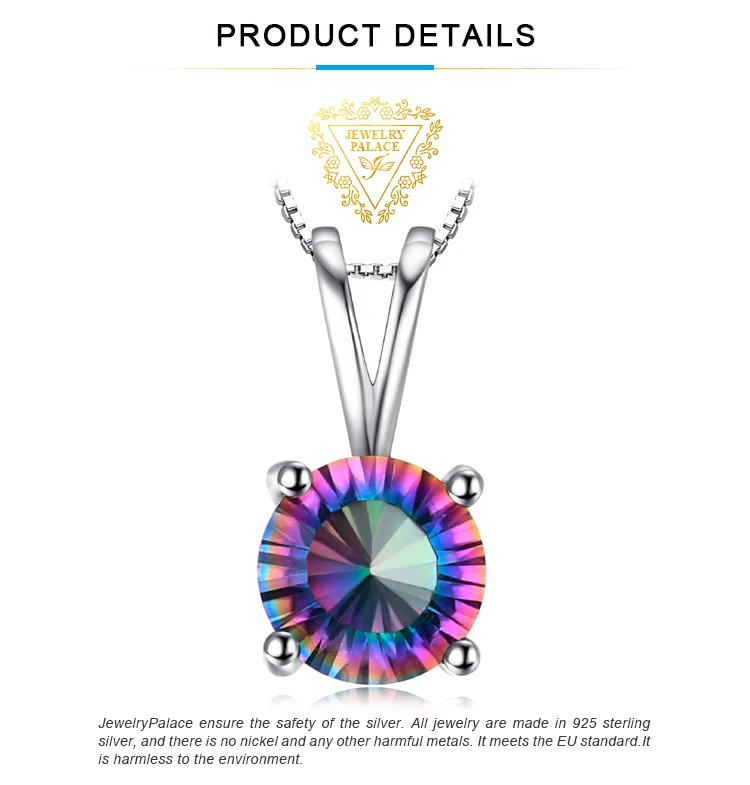 JewelryPalace Natural Rainbow Mystic Quartz 925 Sterling Silver Pendant Necklace for Women Statement Gemstones Choker No Chain