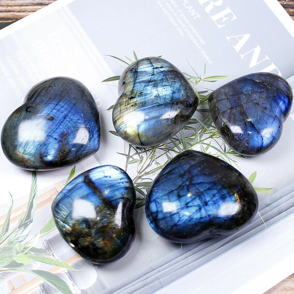 Big Crystal Heart-shaped Stone Decor Reiki Healing Labradorite Lucky Love Stone Home Decoration Collection Desktop Ornaments