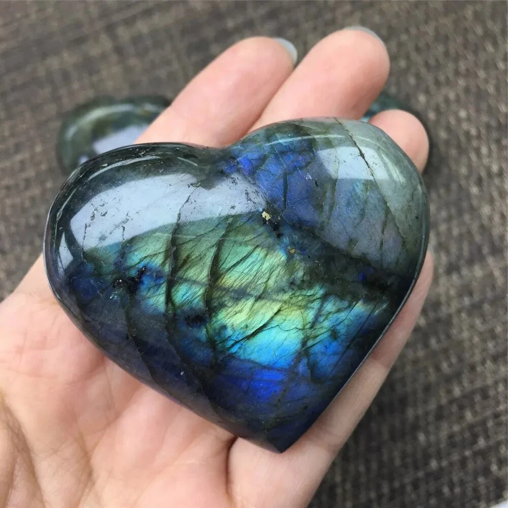 Big Crystal Heart-shaped Stone Decor Reiki Healing Labradorite Lucky Love Stone Home Decoration Collection Desktop Ornaments