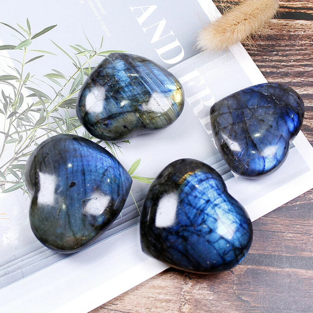 Big Crystal Heart-shaped Stone Decor Reiki Healing Labradorite Lucky Love Stone Home Decoration Collection Desktop Ornaments