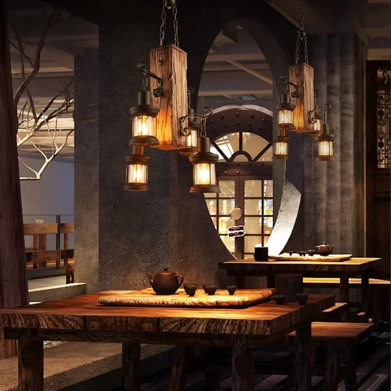American Retro Industrial Style Chandelier Glass Solid Wood Iron Restaurant Bar Coffee Shop Boat Wood Decoration Pendent Lamp