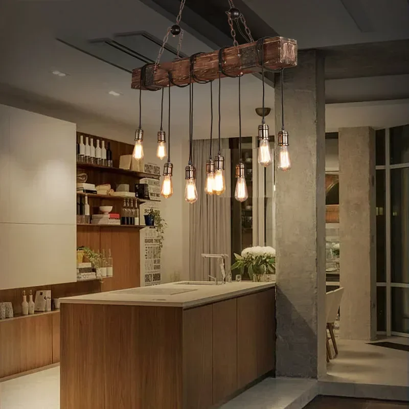 American Retro Industrial Style Chandelier Glass Solid Wood Iron Restaurant Bar Coffee Shop Boat Wood Decoration Pendent Lamp