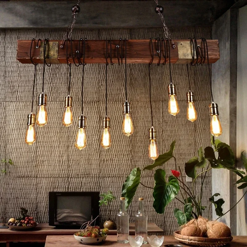 American Retro Industrial Style Chandelier Glass Solid Wood Iron Restaurant Bar Coffee Shop Boat Wood Decoration Pendent Lamp