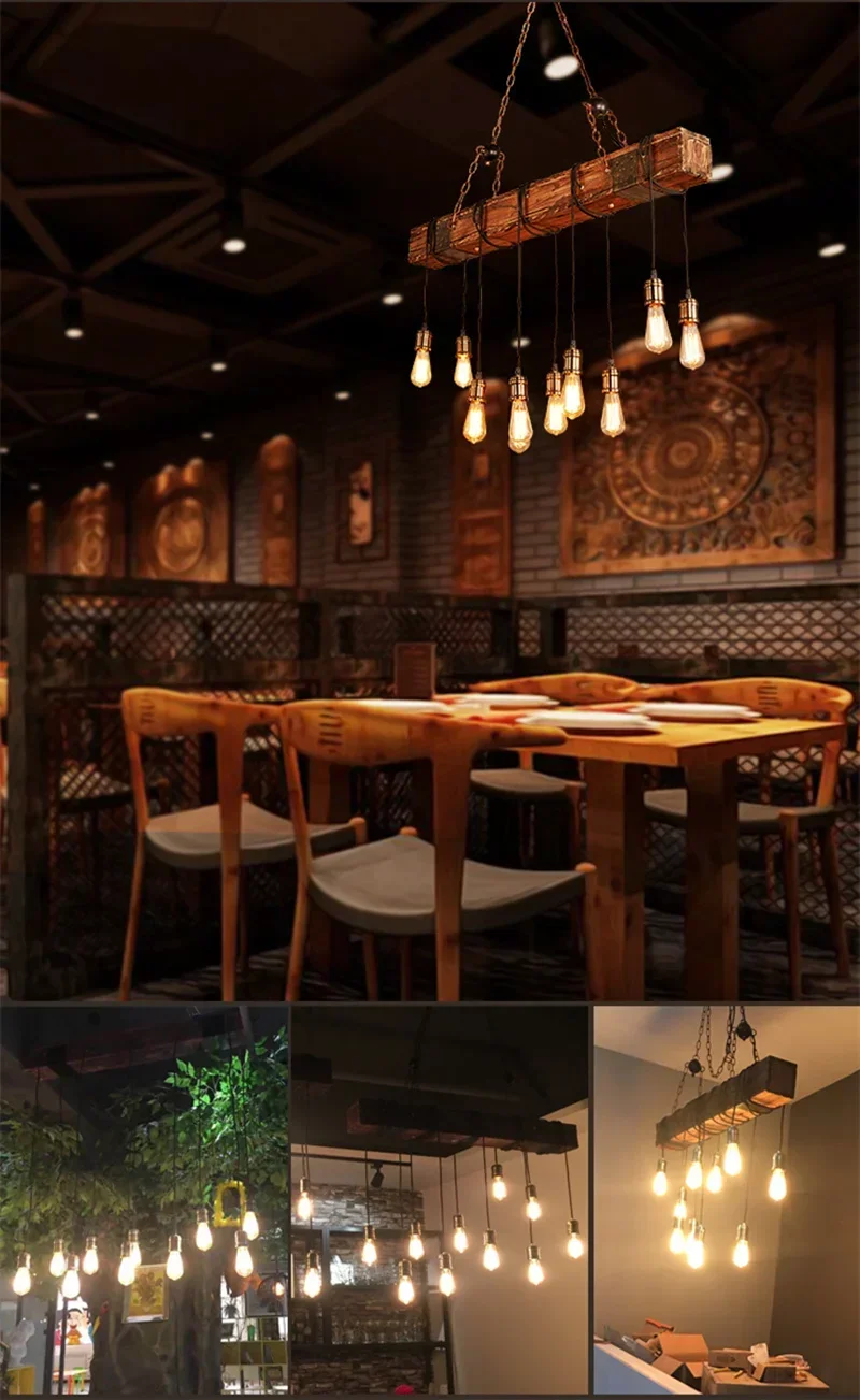 American Retro Industrial Style Chandelier Glass Solid Wood Iron Restaurant Bar Coffee Shop Boat Wood Decoration Pendent Lamp