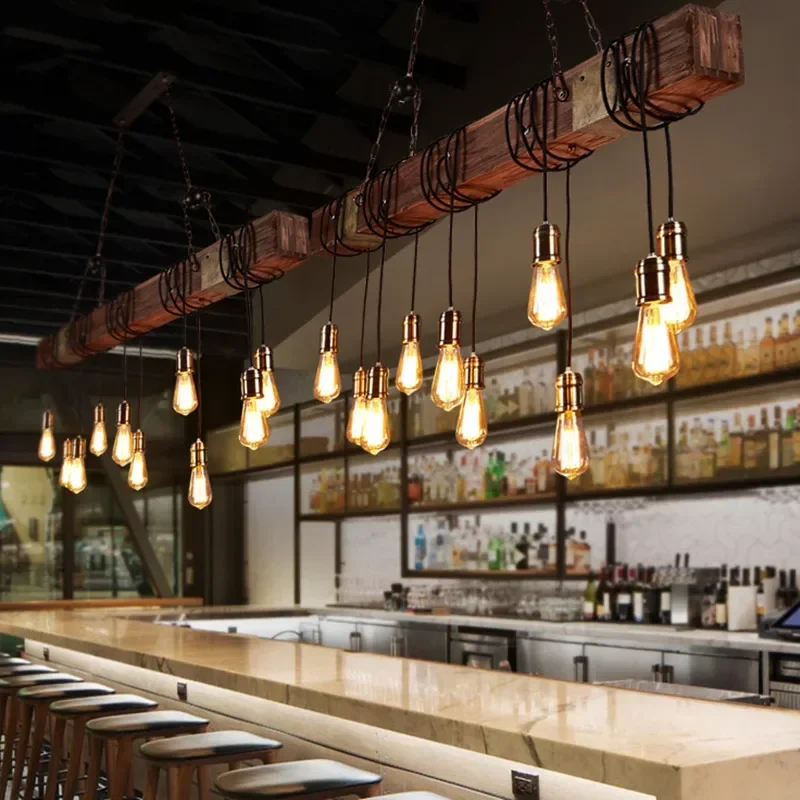 American Retro Industrial Style Chandelier Glass Solid Wood Iron Restaurant Bar Coffee Shop Boat Wood Decoration Pendent Lamp