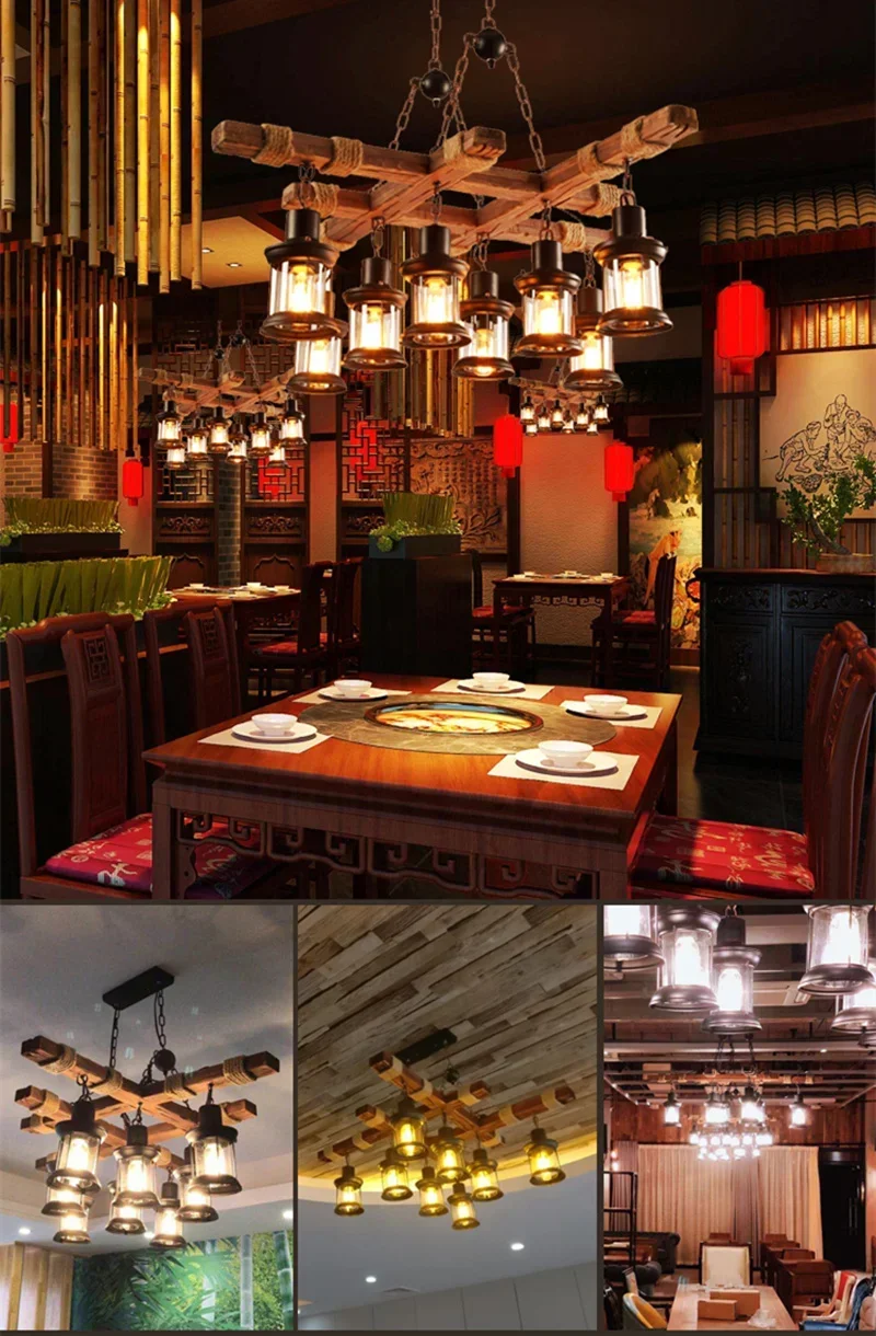 American Retro Industrial Style Chandelier Glass Solid Wood Iron Restaurant Bar Coffee Shop Boat Wood Decoration Pendent Lamp