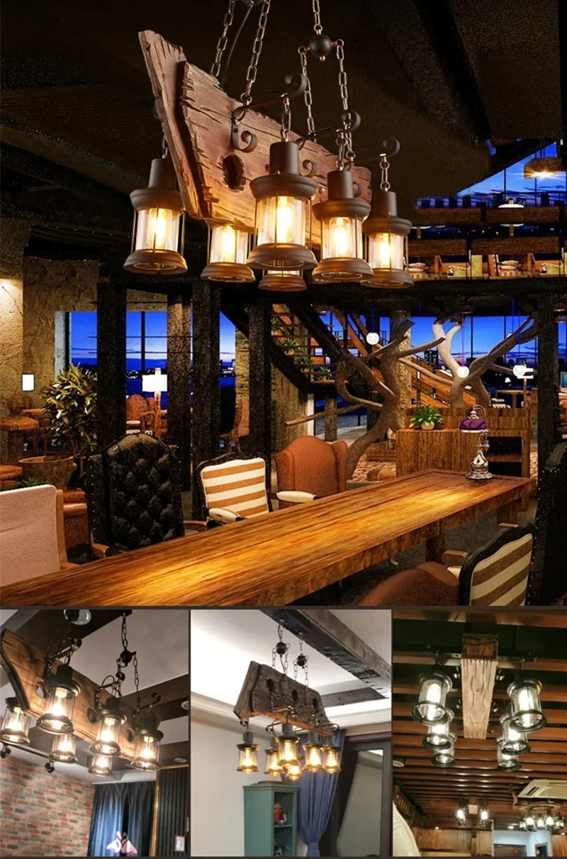 American Retro Industrial Style Chandelier Glass Solid Wood Iron Restaurant Bar Coffee Shop Boat Wood Decoration Pendent Lamp