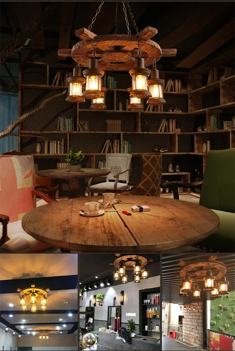 American Retro Industrial Style Chandelier Glass Solid Wood Iron Restaurant Bar Coffee Shop Boat Wood Decoration Pendent Lamp
