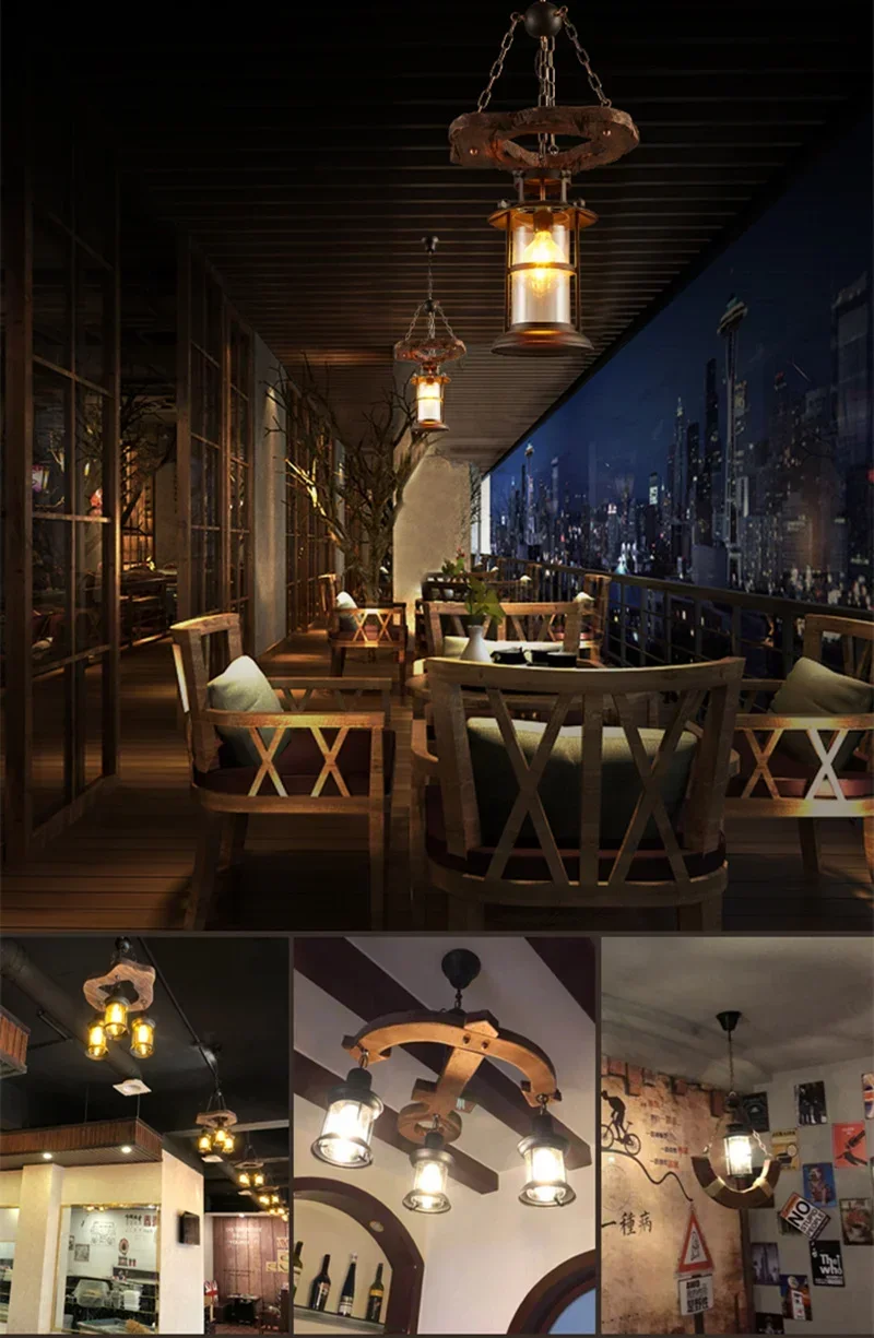 American Retro Industrial Style Chandelier Glass Solid Wood Iron Restaurant Bar Coffee Shop Boat Wood Decoration Pendent Lamp
