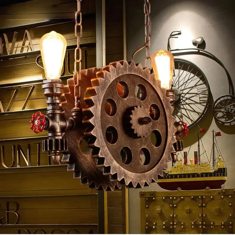 Vintage Loft Pendant Lamps Gear Clain Lights Water Pipe Arm Bar Restaurant Industry Wind Cafe Living Room Dining  Stair Lamp