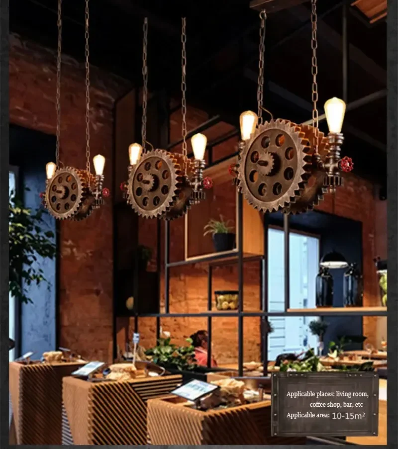 Vintage Loft Pendant Lamps Gear Clain Lights Water Pipe Arm Bar Restaurant Industry Wind Cafe Living Room Dining  Stair Lamp