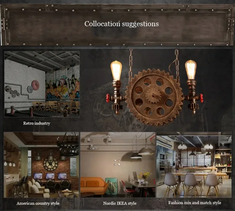 Vintage Loft Pendant Lamps Gear Clain Lights Water Pipe Arm Bar Restaurant Industry Wind Cafe Living Room Dining  Stair Lamp