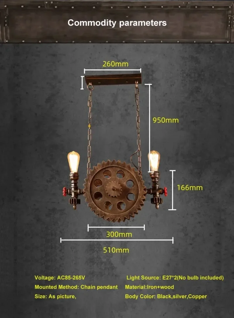 Vintage Loft Pendant Lamps Gear Clain Lights Water Pipe Arm Bar Restaurant Industry Wind Cafe Living Room Dining  Stair Lamp
