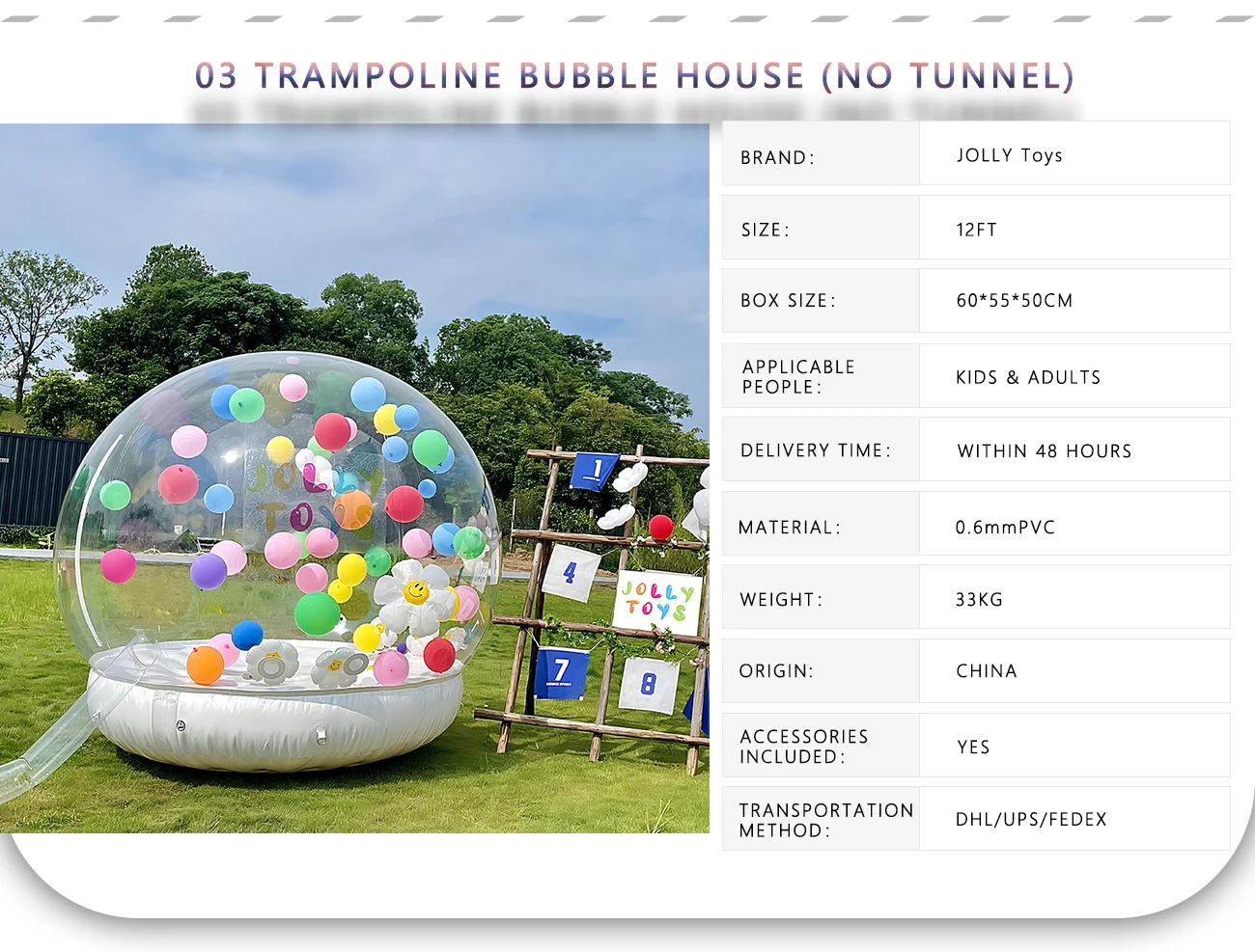 JOLLY TOYS Balloon inflatable bubble house with trampoline and transparent dome PVC material  with blower