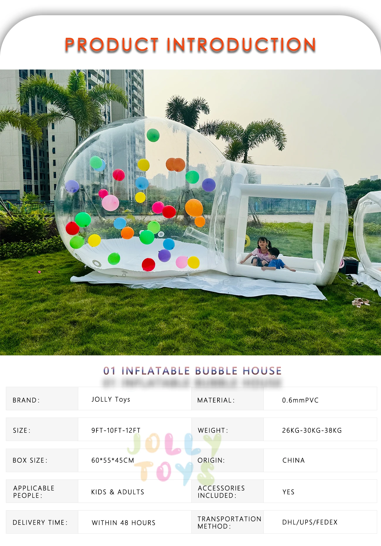 JOLLY TOYS Balloon inflatable bubble house with trampoline and transparent dome PVC material  with blower