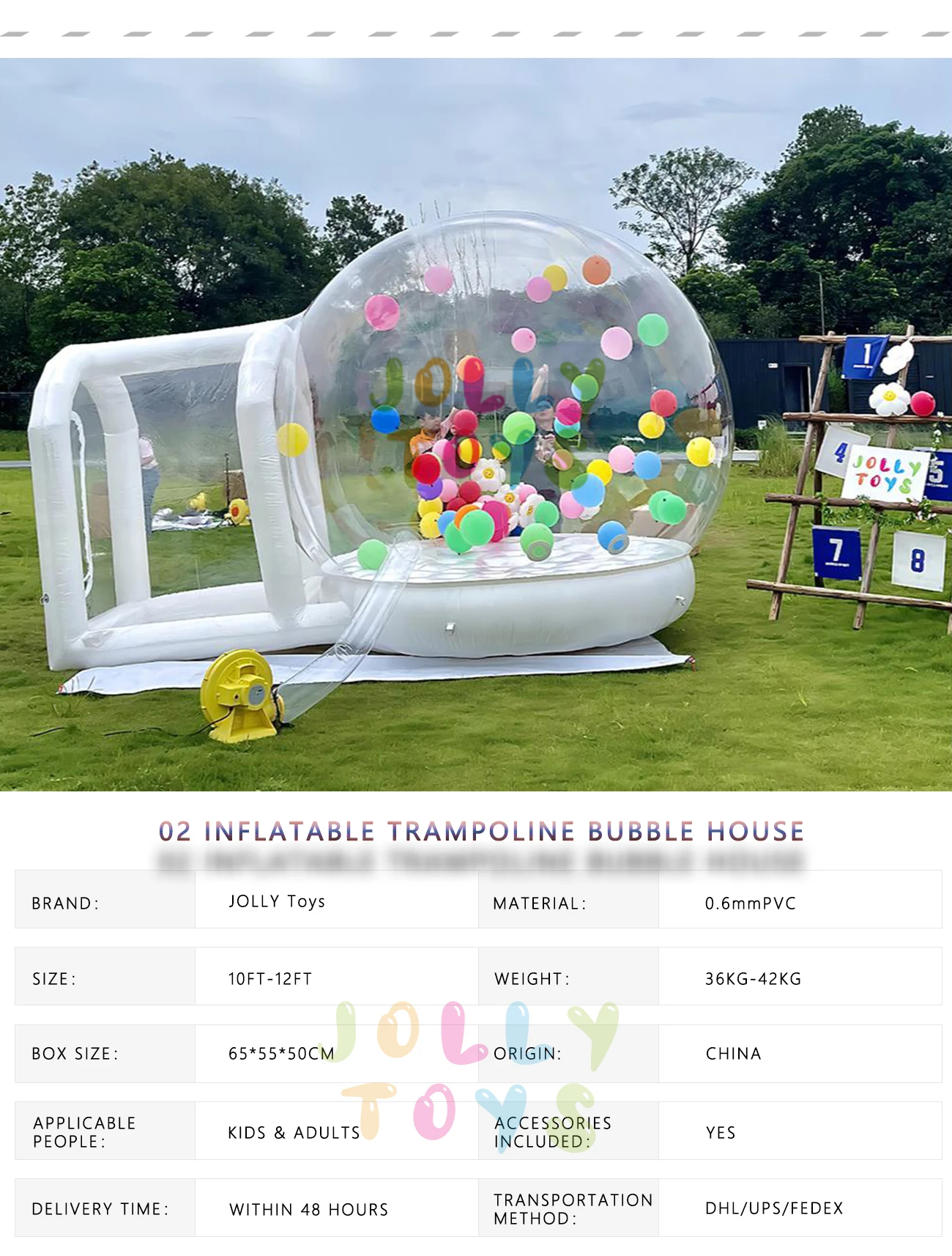 JOLLY TOYS Balloon inflatable bubble house with trampoline and transparent dome PVC material  with blower