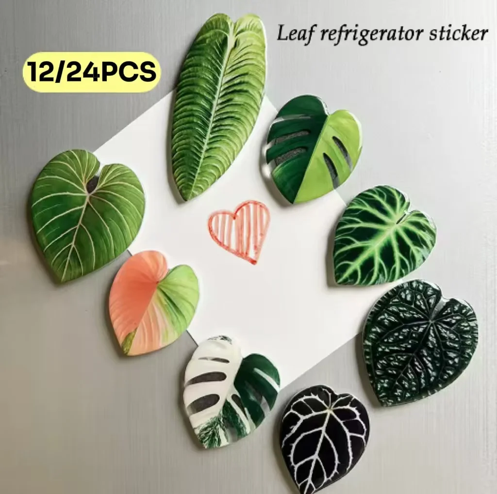 12/24pcs Cute Begonia Monstera Refrigerator Magnets, Kawaii Tropical Plants Refrigerator Magnets, Whiteboard Stickers
