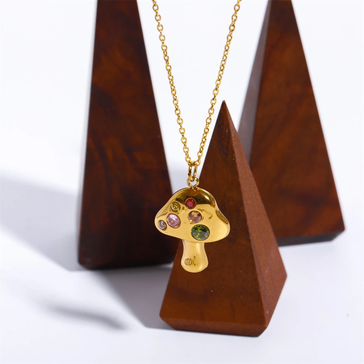 Titanium Steel Gold Mushroom Necklace Lucky Symbol Embedded with Zirconium Pendant Plated with True Gold for Color Protection