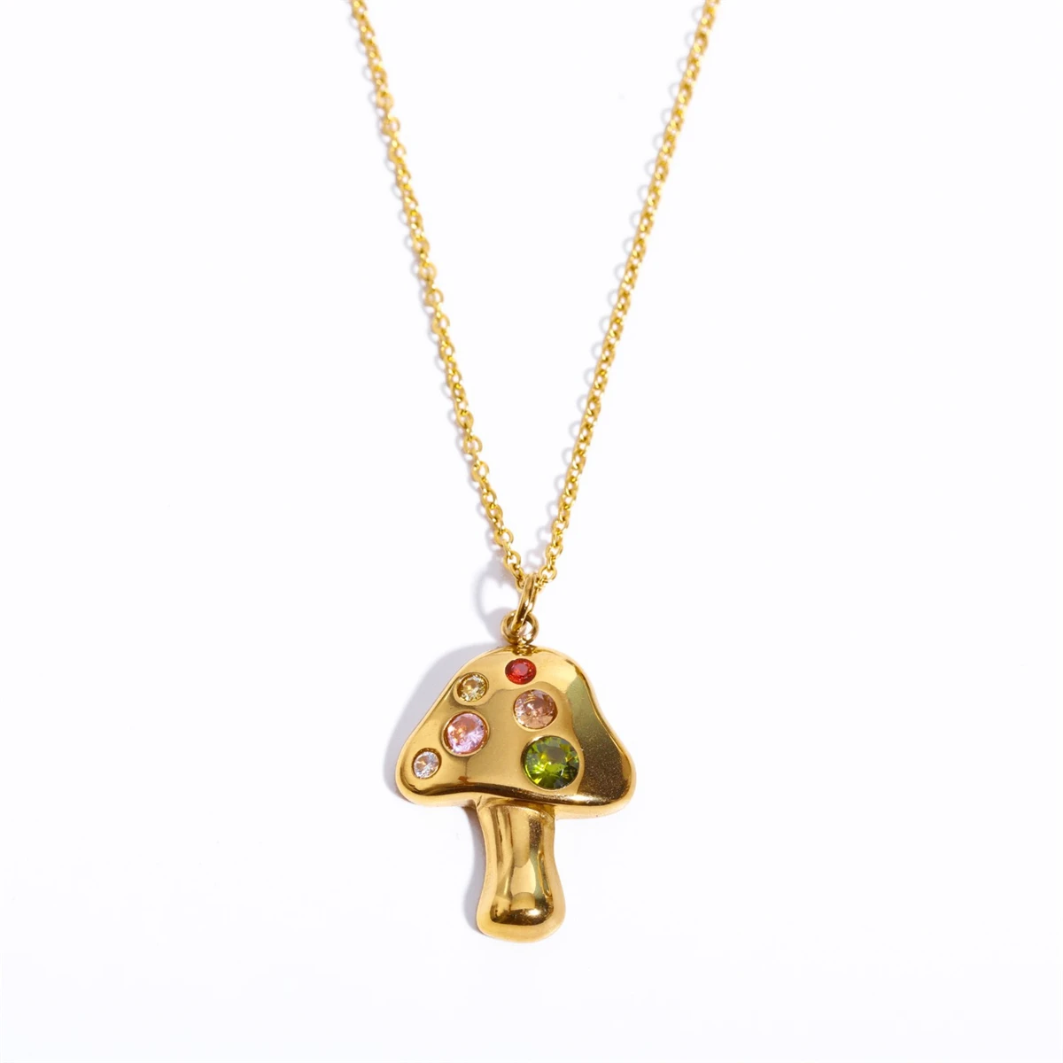 Titanium Steel Gold Mushroom Necklace Lucky Symbol Embedded with Zirconium Pendant Plated with True Gold for Color Protection