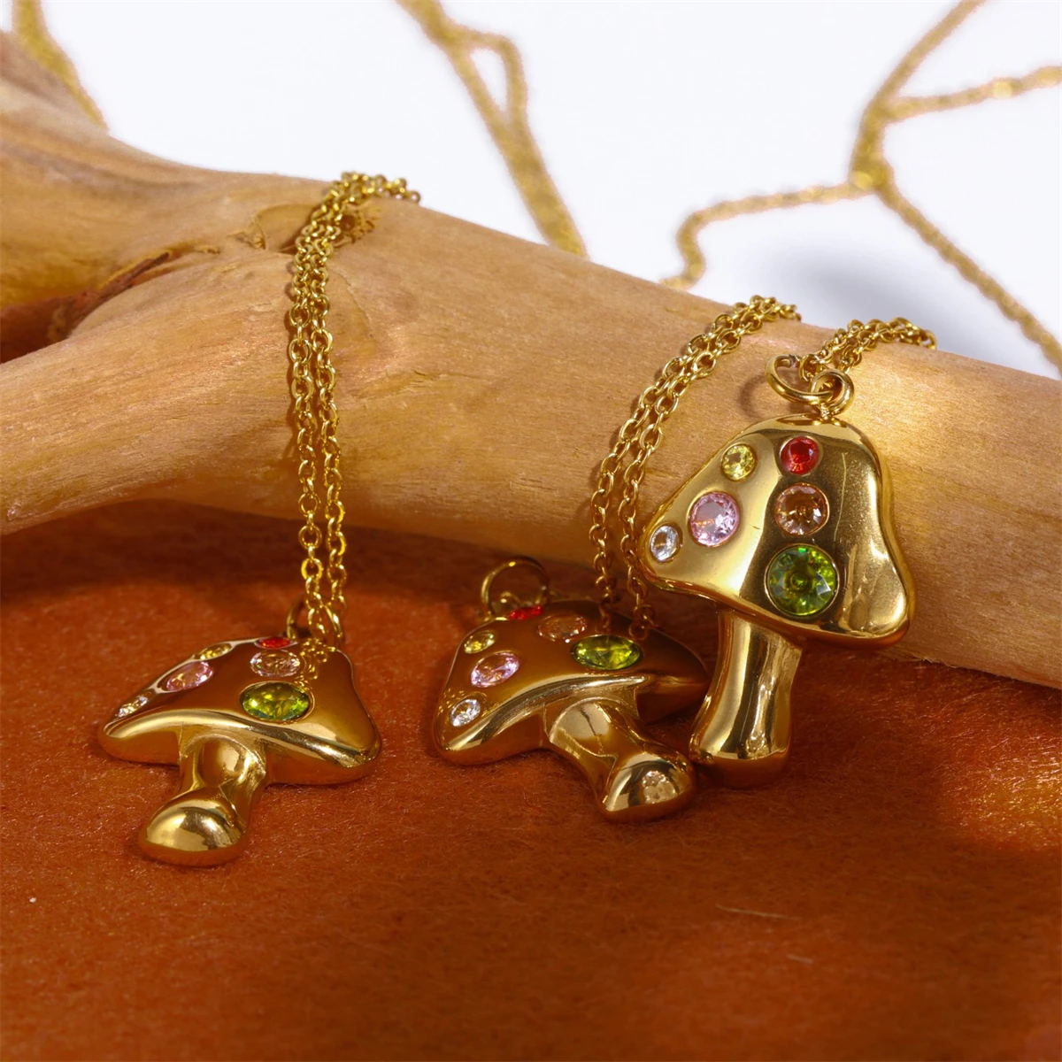 Titanium Steel Gold Mushroom Necklace Lucky Symbol Embedded with Zirconium Pendant Plated with True Gold for Color Protection