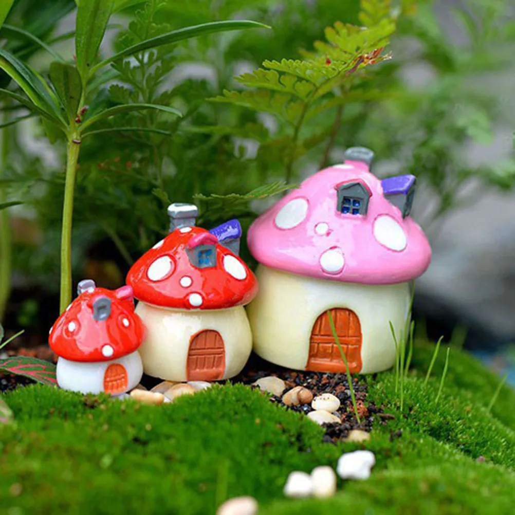 3 Sizes Mushroom house Resin Fairy Garden Craft Decoration Miniature Micro Gnome Terrarium Mediterranean house Castle Gift